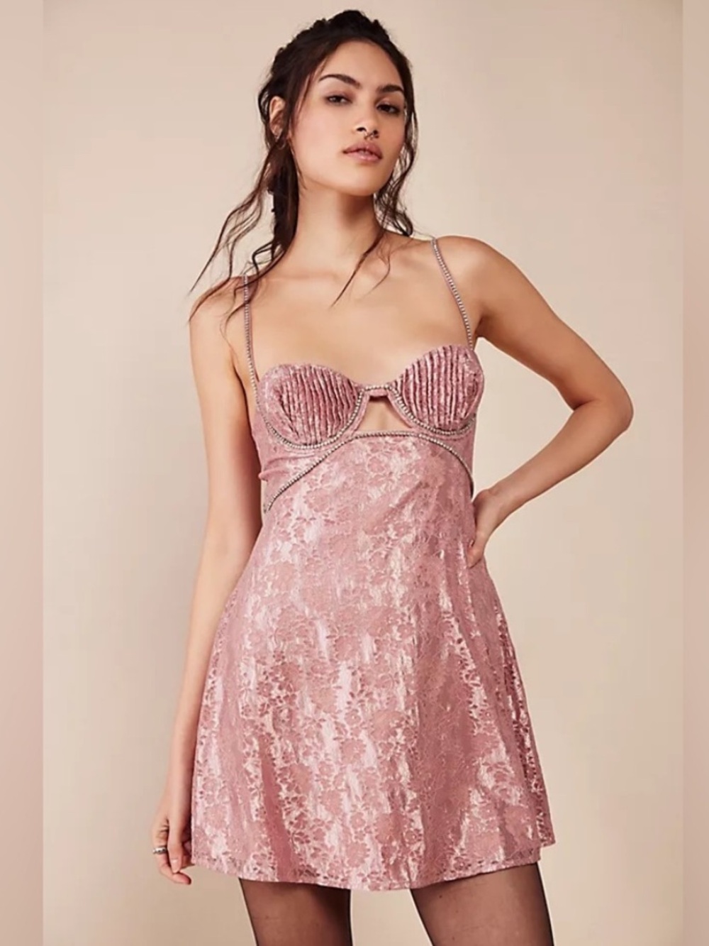 NWT For Love & Lemons Shai Mini Dress, Lace, Rhinestone Embellished,‎ Mauve XL